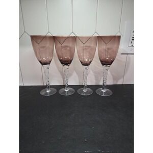 Pier 1 Wine Glass Amethyst Purple Bowl Twisted Stems‎ Crystal Vintage Set Of 4